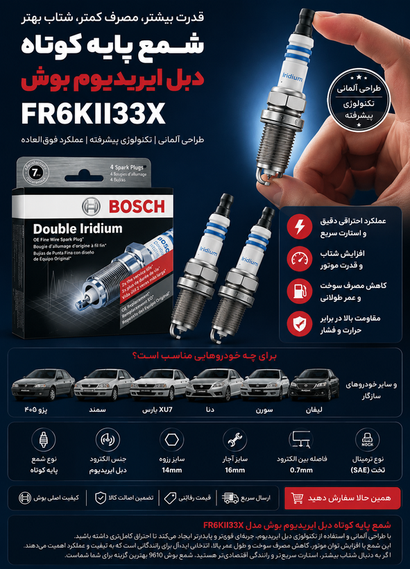 شمع Bosch FR6KII33X – دبل ایریدیوم حرفهای