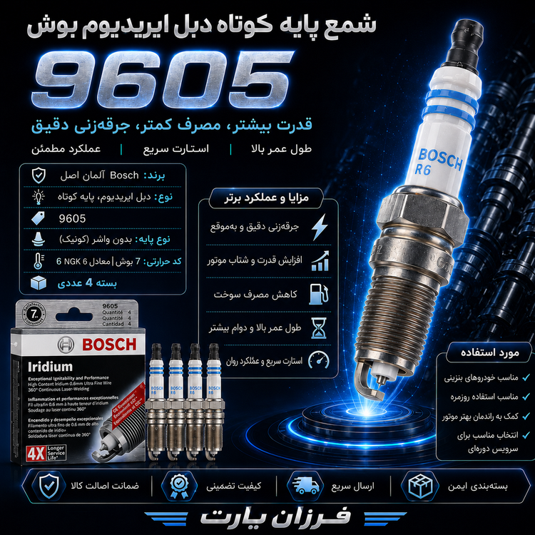 Bosch 9605 Double Iridium – شمع پایه کوتاه خودرو