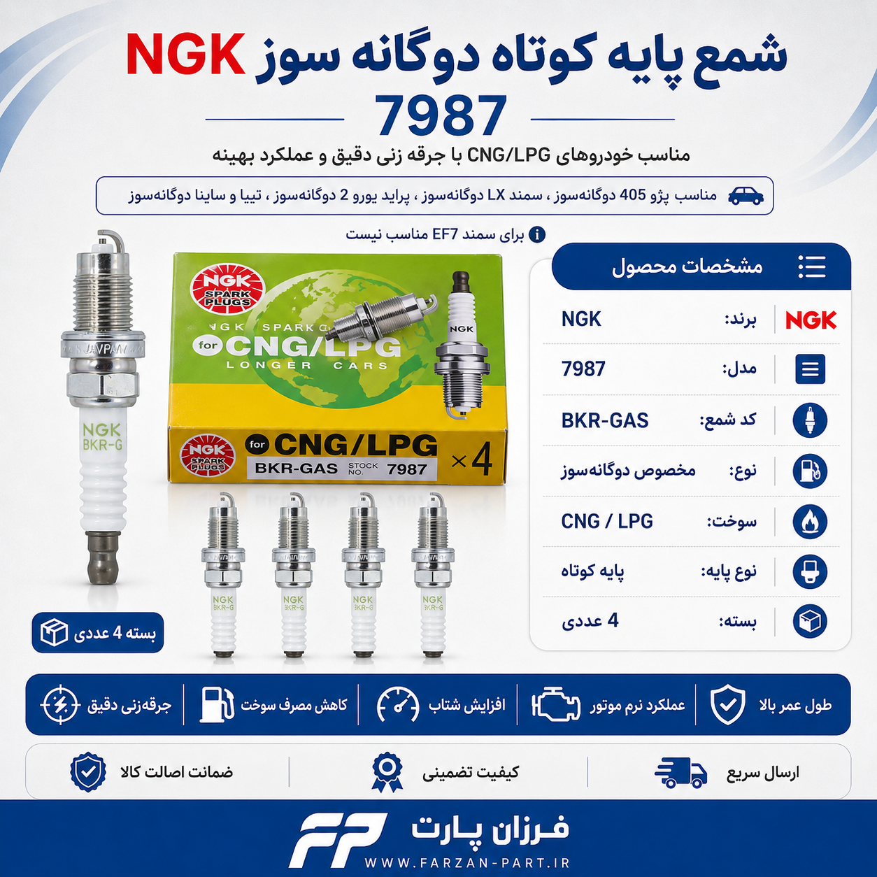شمع پایه کوتاه NGK مدل 7987 دوگانه‌سوز CNG/LPG