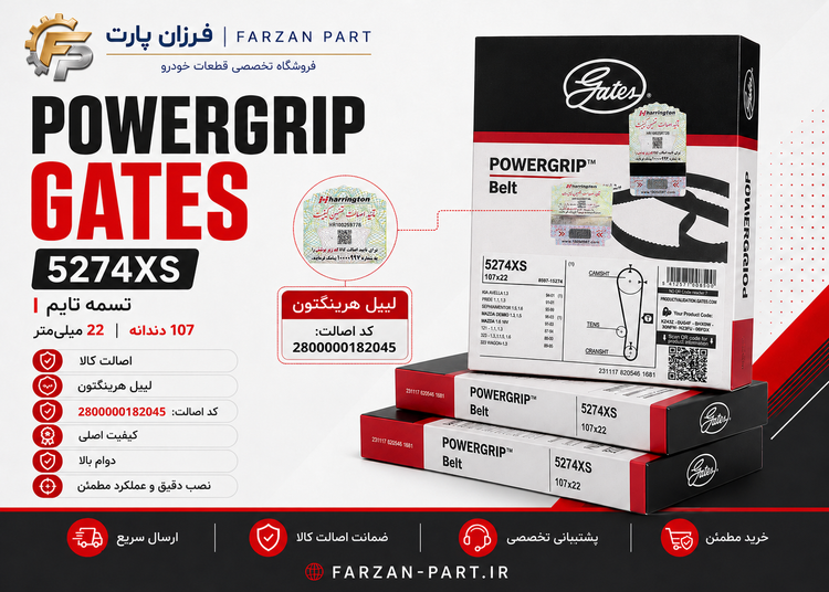 تسمه تایم ۱۰۷ دندانه (پراید-تیبا-ساینا-کوئیک-شاهین-اطلس) Gates PowerGrip با لیبل اصالت هرینگتون