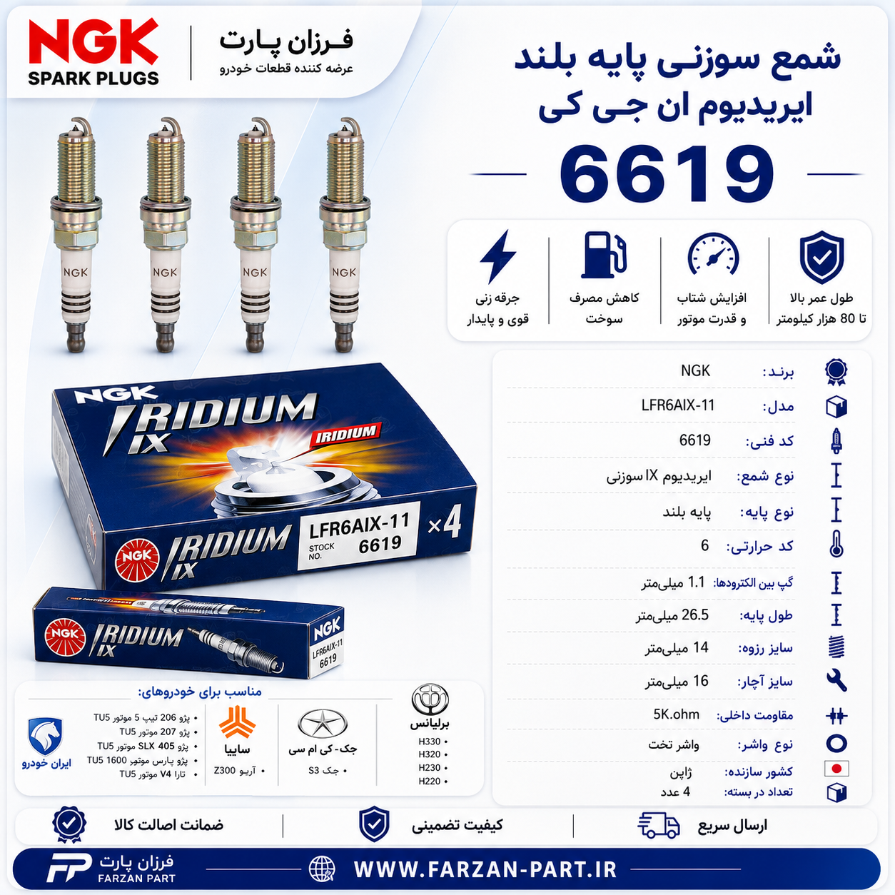 شمع سوزنی پایه بلند ایریدیوم NGK 6619 مدل LFR6AIX-11 | مناسب TU5، اصل ژاپن